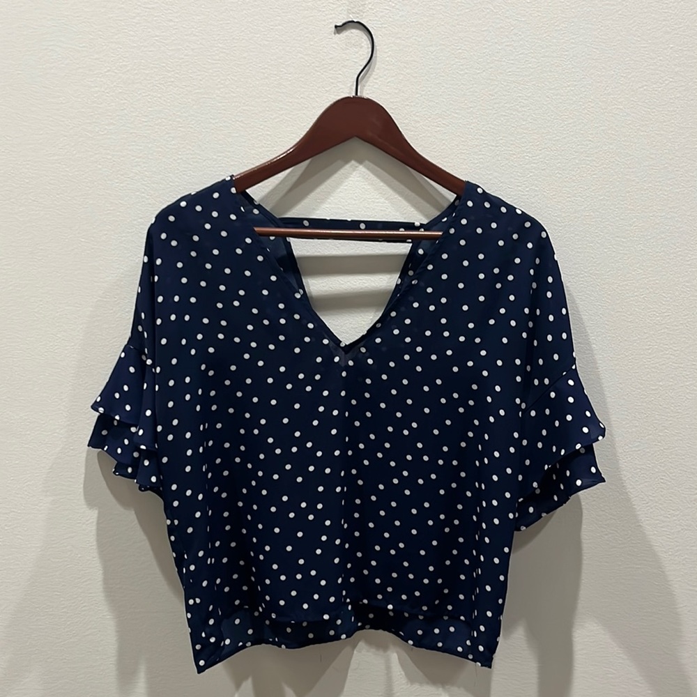 Forever 21 Blue with White Polka Dot V-Neck Blouse